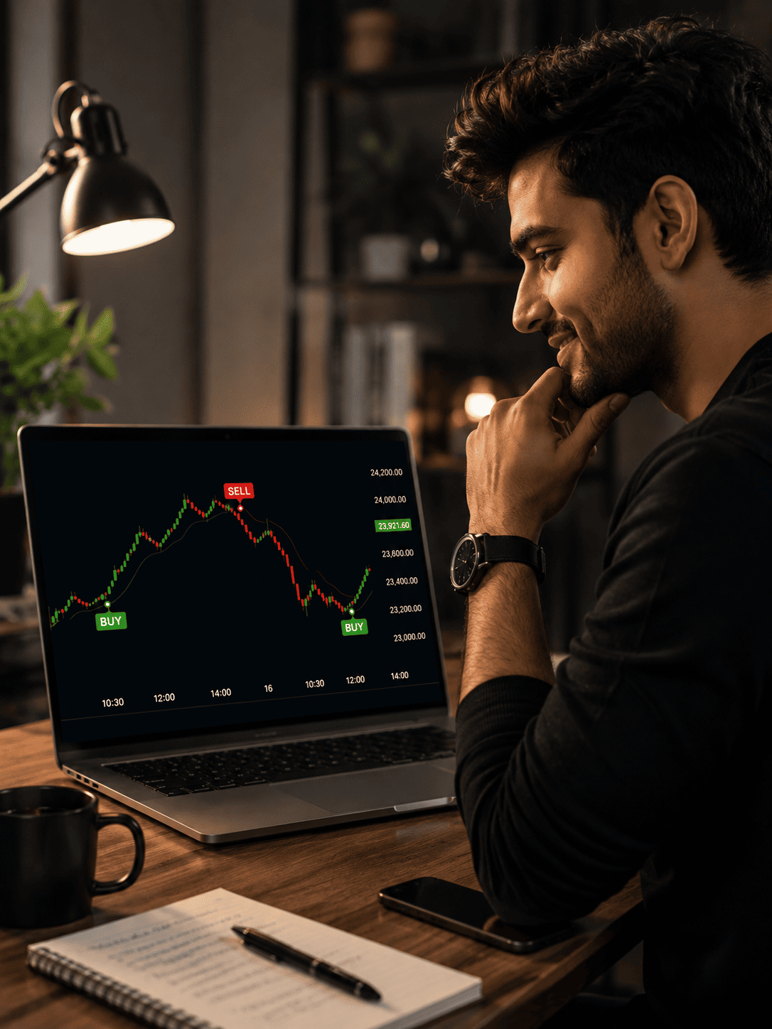 Confident trader with clean chart